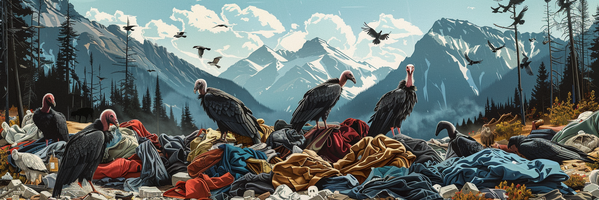 An AI generated image features an illustration of a wake of vultures sorting through piles of used clothing with the Rocky Mountains visible in the background