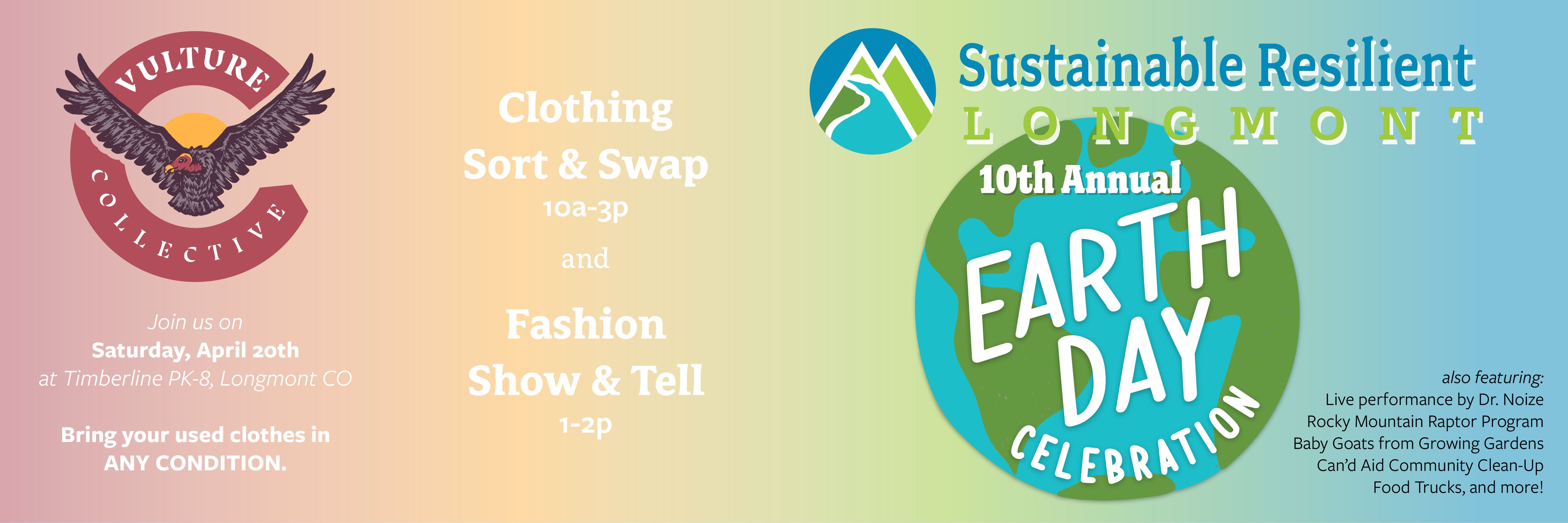 Join us on Saturday, April 20th from 10a-3p for an Earth Day Clothing Sort & Swap at Timberline PK-8 in Longmont. Image links to details page with.