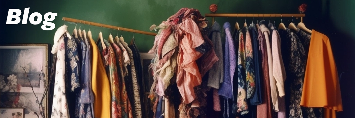 An AI generated image shows various clothes hung on clothing racks. It is dreamy, and looks like a painting out of the Rococo, conveying excess and passion.