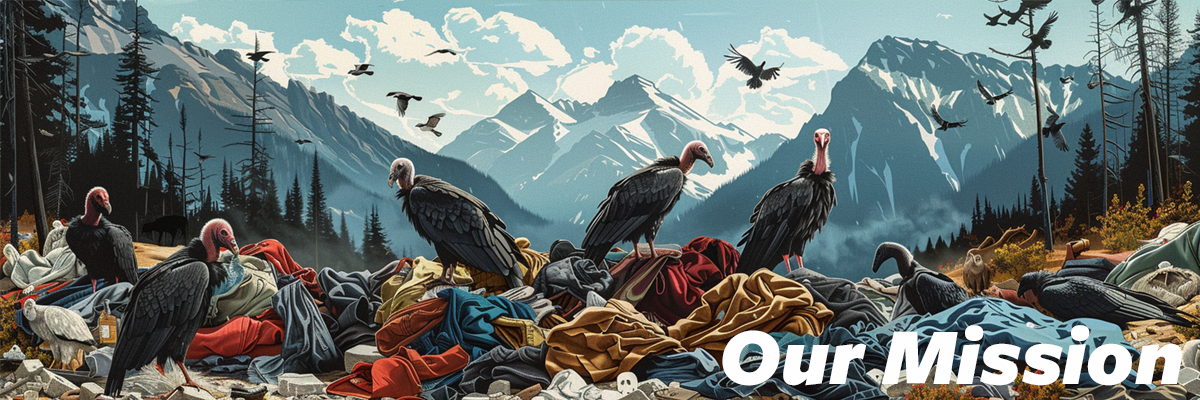 An AI generated image features an illustration of a wake of vultures sorting through piles of used clothing with the Rocky Mountains visible in the background. Image links to 'Mission'page.